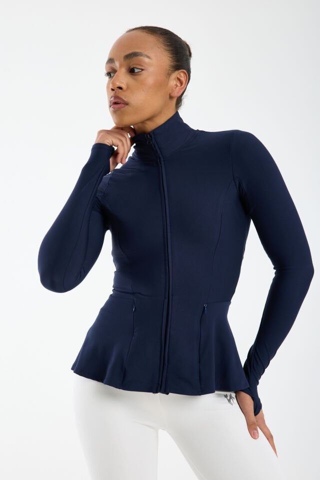 Kadın Dik Yaka Fermuarlı  Volan Detaylı Esnek Spor Ceket 2XL - LACİVERT