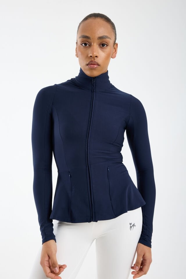 Kadın Dik Yaka Fermuarlı  Volan Detaylı Esnek Spor Ceket 2XL - LACİVERT