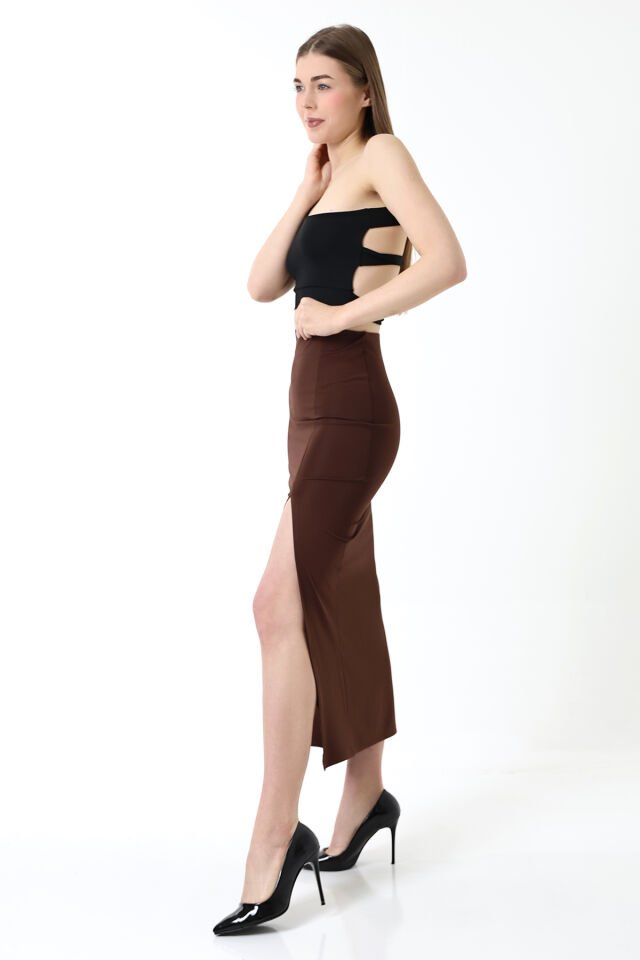 Dalgıç Kumaş Yırtmaçlı Uzun Etek Maxi Boy 92 Cm M - KAHVERENGİ