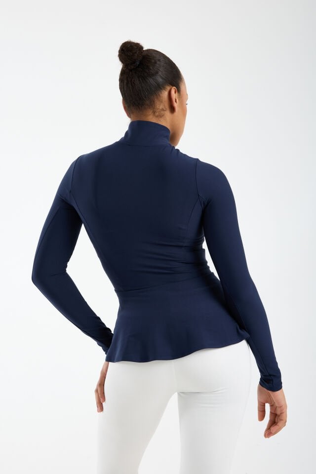 Kadın Dik Yaka Fermuarlı  Volan Detaylı Esnek Spor Ceket 2XL - LACİVERT