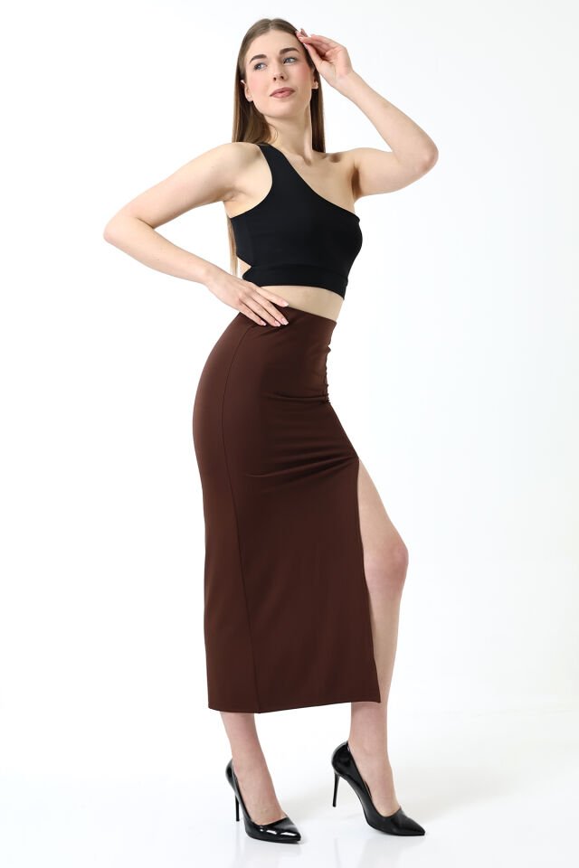 Dalgıç Kumaş Yırtmaçlı Uzun Etek Maxi Boy 92 Cm M - KAHVERENGİ