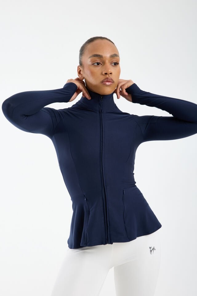 Kadın Dik Yaka Fermuarlı  Volan Detaylı Esnek Spor Ceket 2XL - LACİVERT