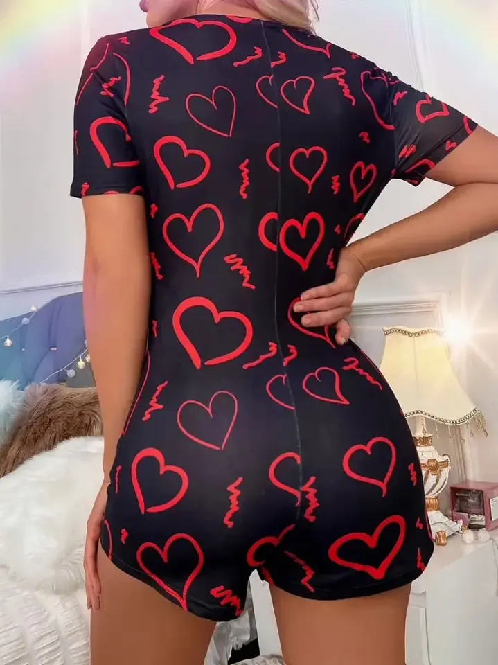 Kadın Uzun Kol Desenli Ve Düğmeli Rahat Kullanım Gecelik Tulum T5 XS - SİYAH PEMBE KALP DESEN