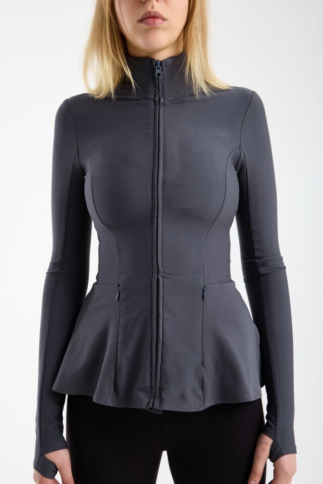 Kadın Dik Yaka Fermuarlı  Volan Detaylı Esnek Spor Ceket 2XL - KOYU GRİ