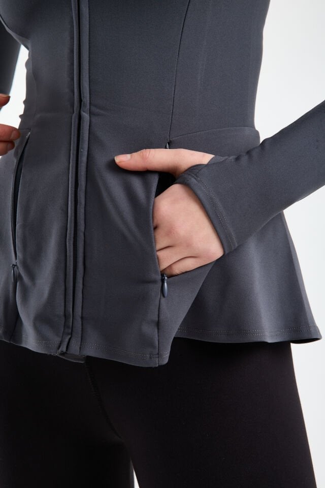 Kadın Dik Yaka Fermuarlı  Volan Detaylı Esnek Spor Ceket 2XL - KOYU GRİ
