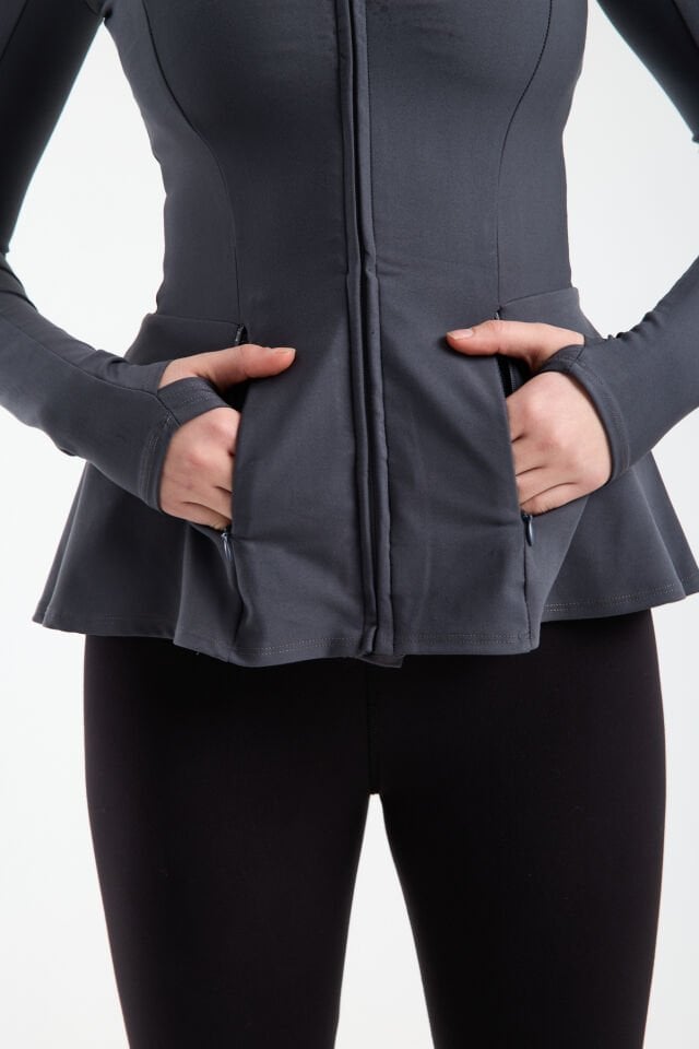 Kadın Dik Yaka Fermuarlı  Volan Detaylı Esnek Spor Ceket 2XL - KOYU GRİ