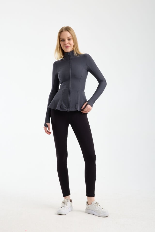 Kadın Dik Yaka Fermuarlı  Volan Detaylı Esnek Spor Ceket 2XL - KOYU GRİ