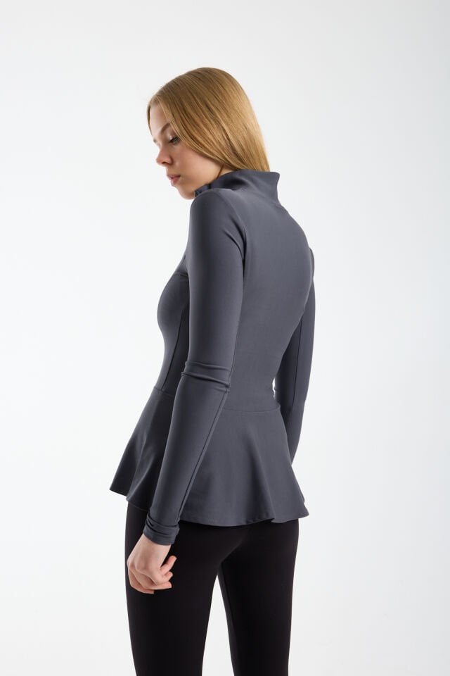 Kadın Dik Yaka Fermuarlı  Volan Detaylı Esnek Spor Ceket 2XL - KOYU GRİ