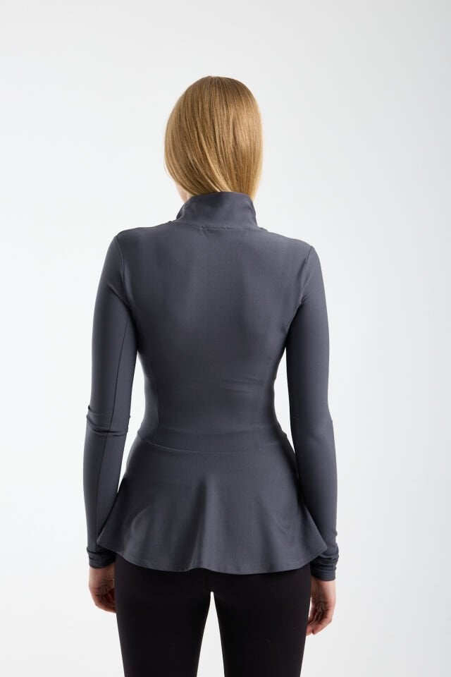 Kadın Dik Yaka Fermuarlı  Volan Detaylı Esnek Spor Ceket 2XL - KOYU GRİ