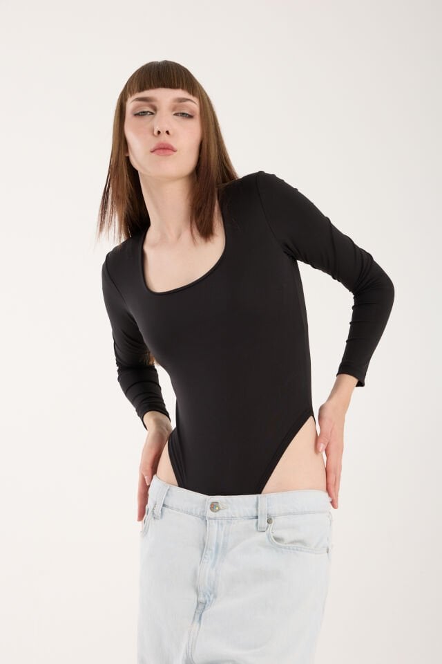 KARE YAKA ALTDAN ÇIT ÇITLI BODY - KARE YAKA BODY LİKRALI SİYAH - XL