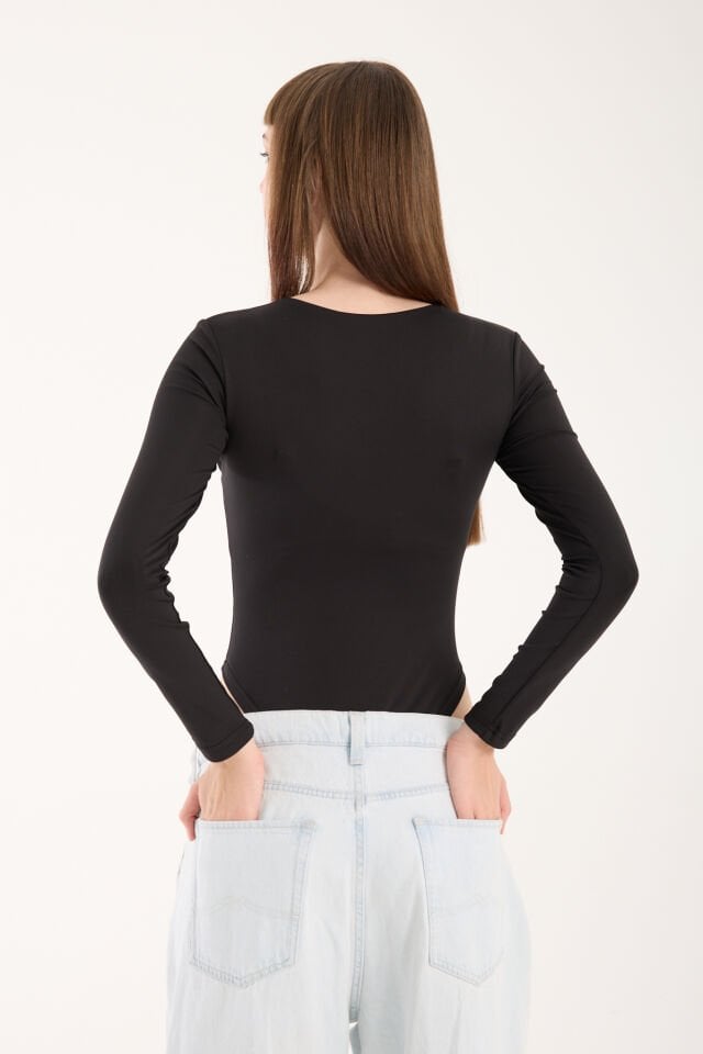 KARE YAKA ALTDAN ÇIT ÇITLI BODY - KARE YAKA BODY LİKRALI SİYAH - XL