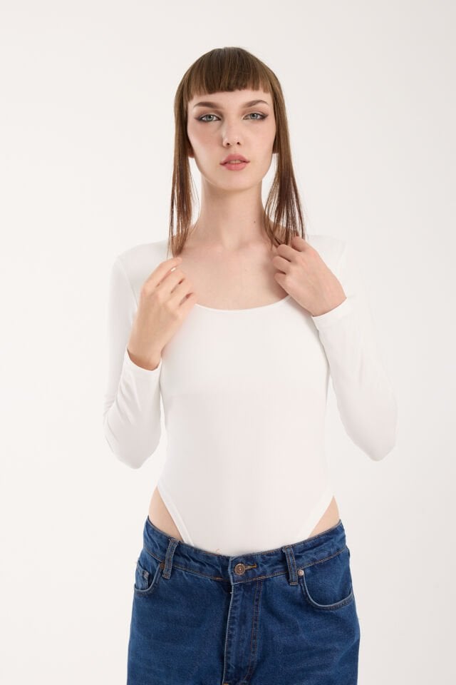 KARE YAKA ALTDAN ÇIT ÇITLI BODY - KARE YAKA BODY LİKRALI KIRIK BEYAZ - XL