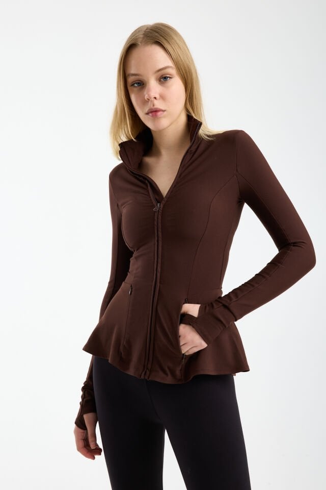 Kadın Dik Yaka Fermuarlı  Volan Detaylı Esnek Spor Ceket 2XL - KAHVERENGİ
