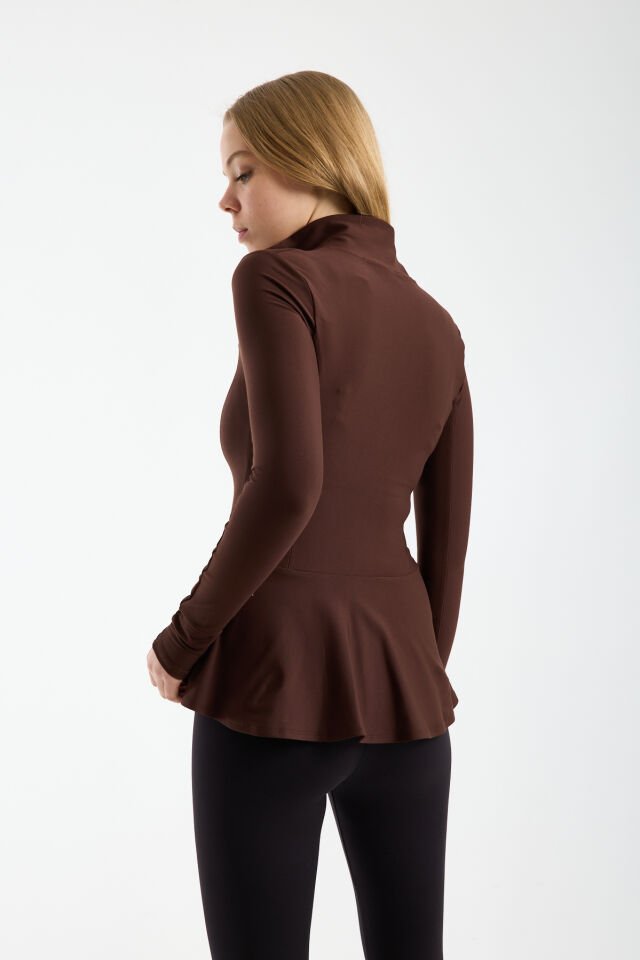 Kadın Dik Yaka Fermuarlı  Volan Detaylı Esnek Spor Ceket 2XL - KAHVERENGİ