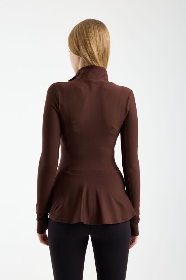 Kadın Dik Yaka Fermuarlı  Volan Detaylı Esnek Spor Ceket 2XL - KAHVERENGİ