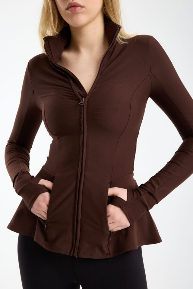 Kadın Dik Yaka Fermuarlı  Volan Detaylı Esnek Spor Ceket 2XL - KAHVERENGİ