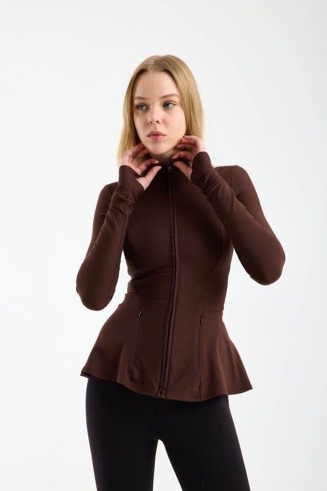 Kadın Dik Yaka Fermuarlı  Volan Detaylı Esnek Spor Ceket 2XL - KAHVERENGİ