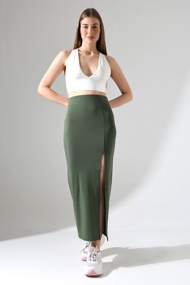 Dalgıç Kumaş Yırtmaçlı Uzun Etek Maxi Boy 92 Cm M - HAKİ