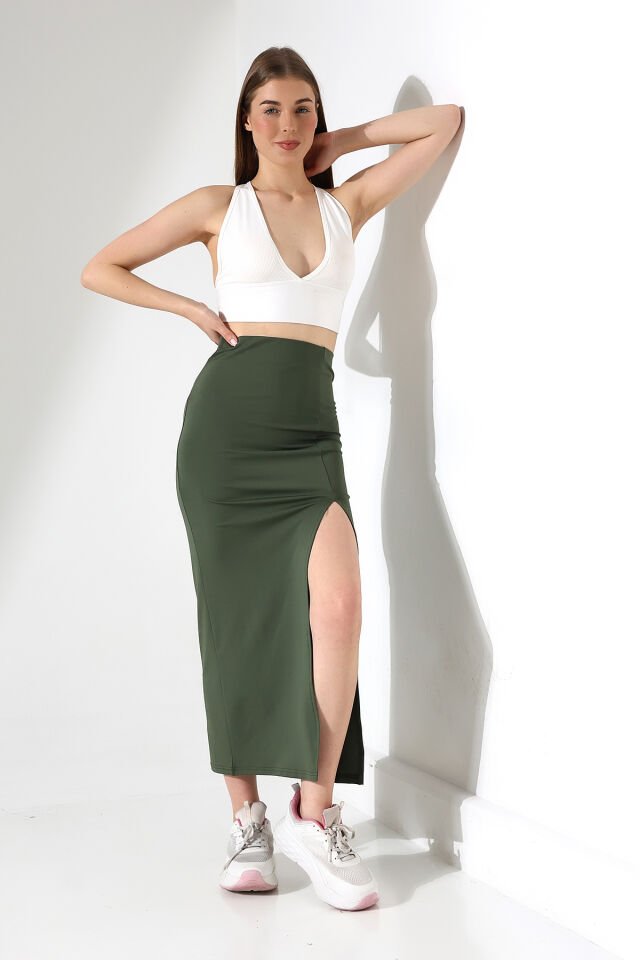 Kadın Maxi Boy 92cm Dalgıç Kumaş ve Yırtmaçlı Uzun Etek WM L - HAKİ