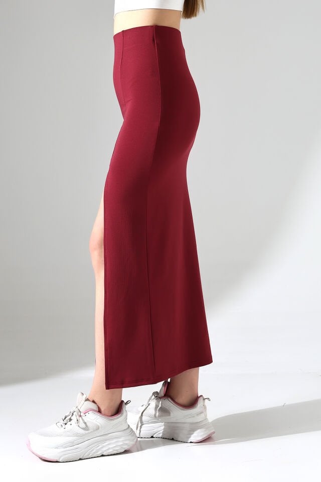 Kadın Maxi Boy 92cm Dalgıç Kumaş ve Yırtmaçlı Uzun Etek XS - BORDO