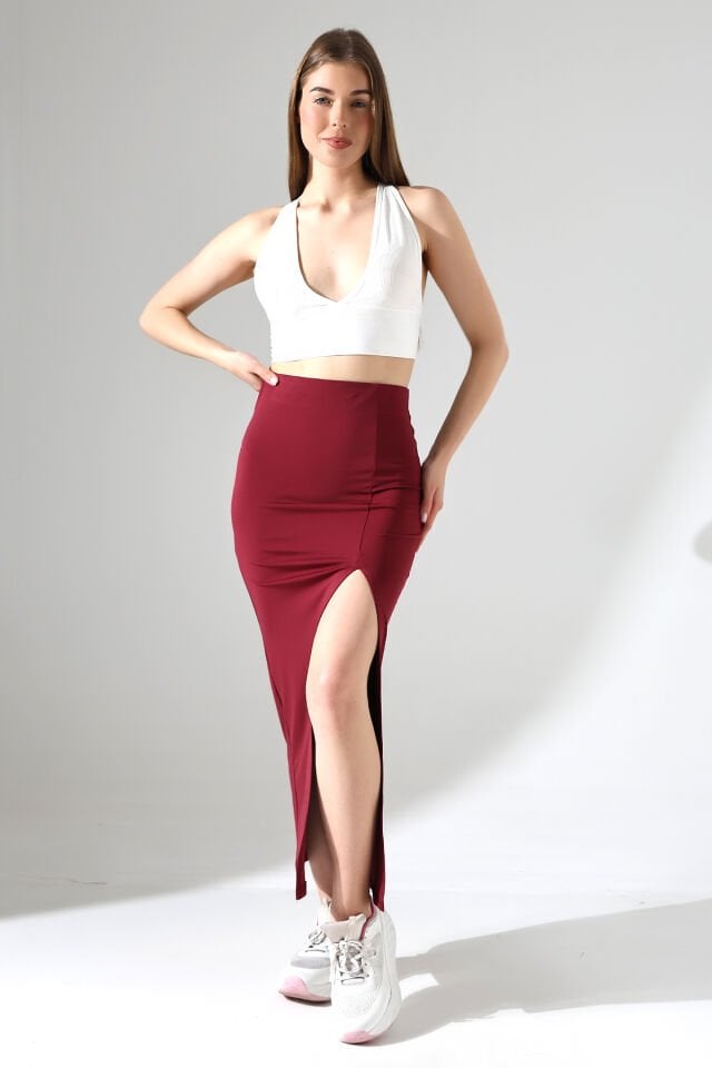 Dalgıç Kumaş Yırtmaçlı Uzun Etek Maxi Boy 92 Cm S - BORDO