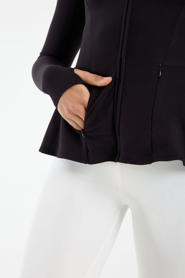 Kadın Dik Yaka Fermuarlı  Volan Detaylı Esnek Spor Ceket 2XL - SİYAH