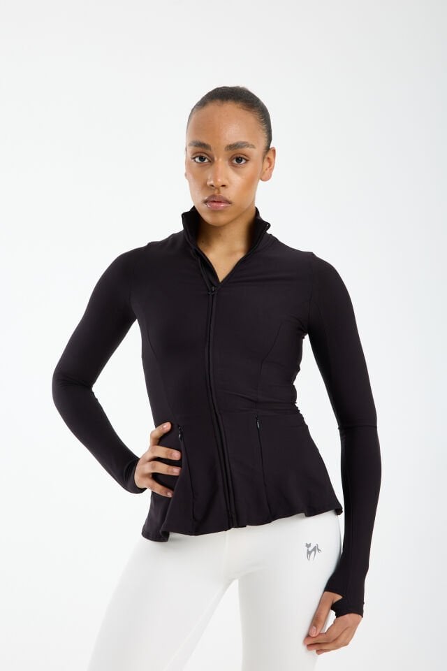 Kadın Dik Yaka Fermuarlı  Volan Detaylı Esnek Spor Ceket 2XL - SİYAH