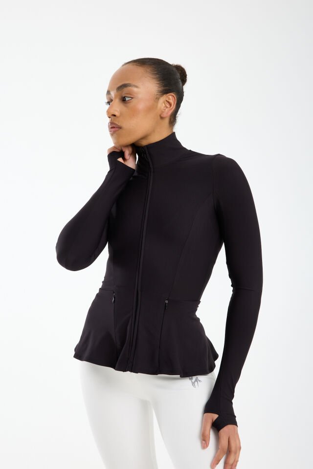 Kadın Dik Yaka Fermuarlı  Volan Detaylı Esnek Spor Ceket 2XL - SİYAH