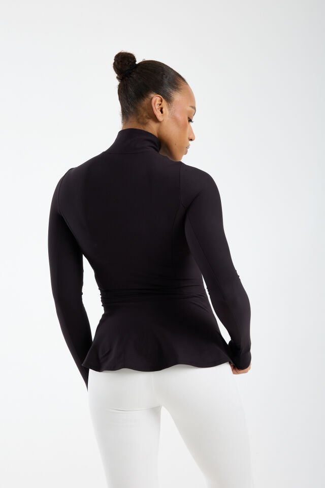 Kadın Dik Yaka Fermuarlı  Volan Detaylı Esnek Spor Ceket 2XL - SİYAH