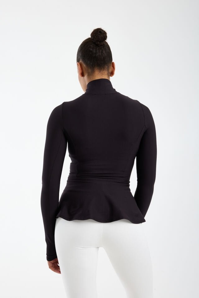 Kadın Dik Yaka Fermuarlı  Volan Detaylı Esnek Spor Ceket 2XL - SİYAH