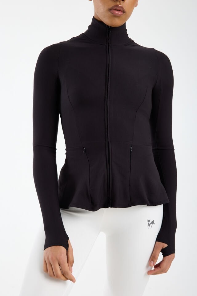 Kadın Dik Yaka Fermuarlı  Volan Detaylı Esnek Spor Ceket 2XL - SİYAH