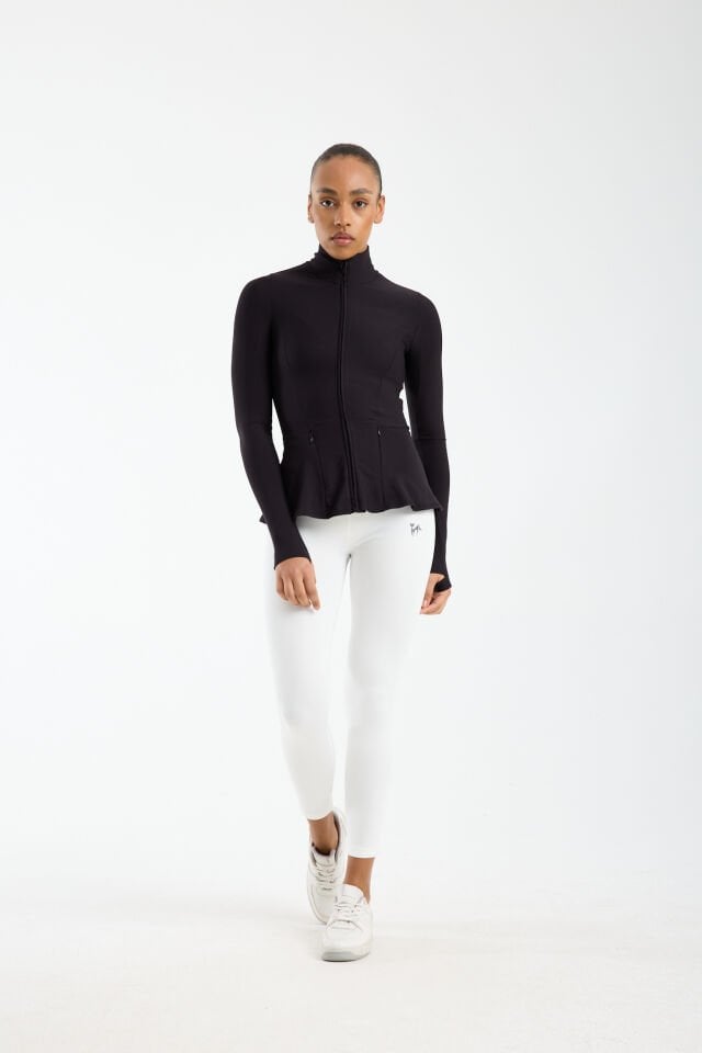 Kadın Dik Yaka Fermuarlı  Volan Detaylı Esnek Spor Ceket 2XL - SİYAH