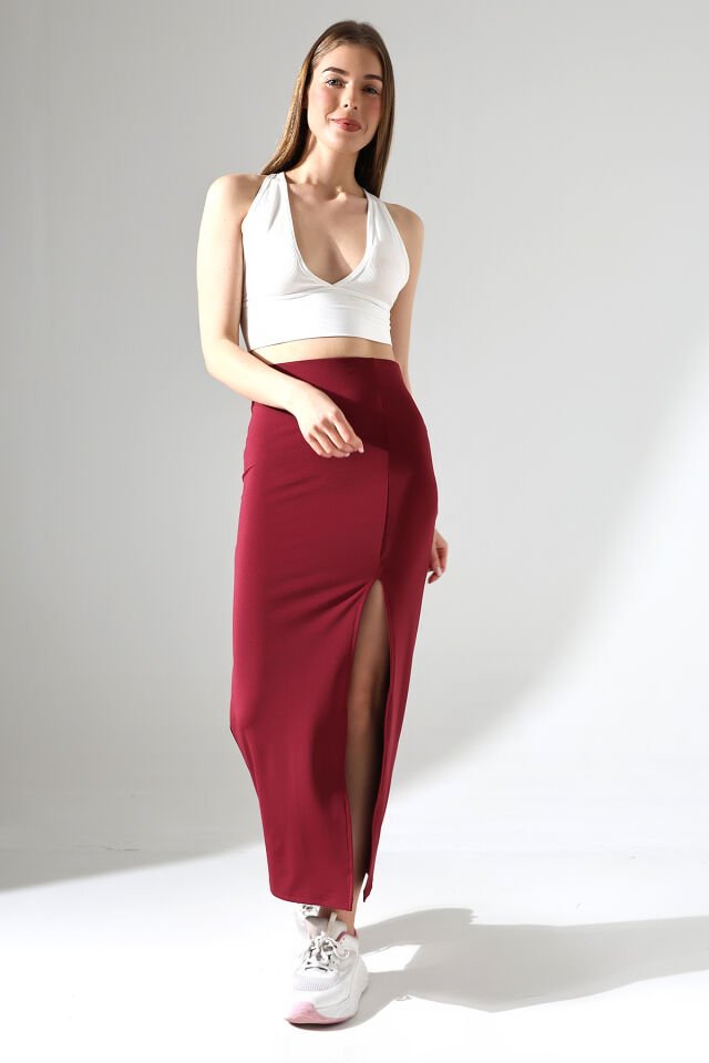 Dalgıç Kumaş Yırtmaçlı Uzun Etek Maxi Boy 92 Cm XL - BORDO