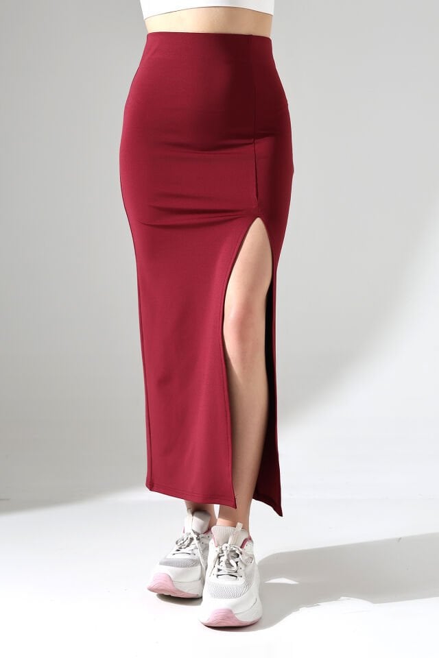 Dalgıç Kumaş Yırtmaçlı Uzun Etek Maxi Boy 92 Cm 2XL - BORDO