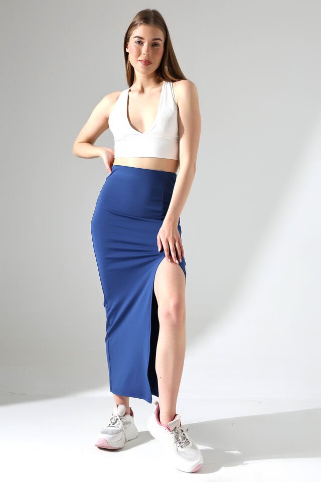 Dalgıç Kumaş Yırtmaçlı Uzun Etek Maxi Boy 92 Cm XL - MAVİ