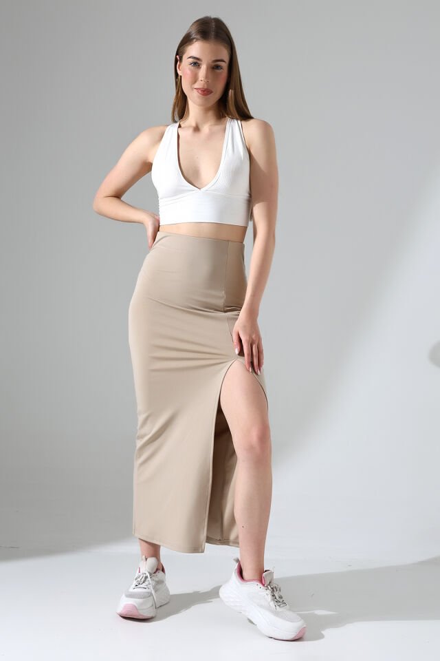 Dalgıç Kumaş Yırtmaçlı Uzun Etek Maxi Boy 92 Cm M - BEJ