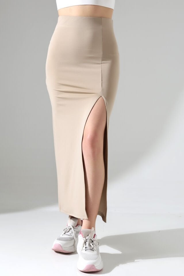 Dalgıç Kumaş Yırtmaçlı Uzun Etek Maxi Boy 92 Cm 2XL - BEJ