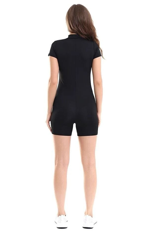 Kadın Fermuarlı Günlük  Deniz ve Havuz Şortlu Tulum M - SİYAH