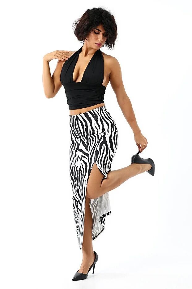 Dalgıç Kumaş Yırtmaçlı Uzun Etek Maxi Boy 92 Cm M - ZEBRA SİYAH DESENLİ