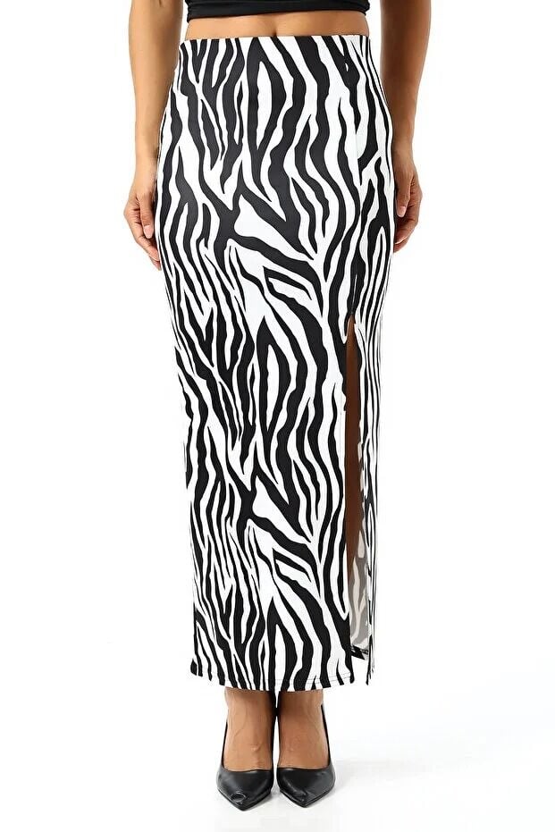 Dalgıç Kumaş Yırtmaçlı Uzun Etek Maxi Boy 92 Cm XL - ZEBRA SİYAH DESENLİ