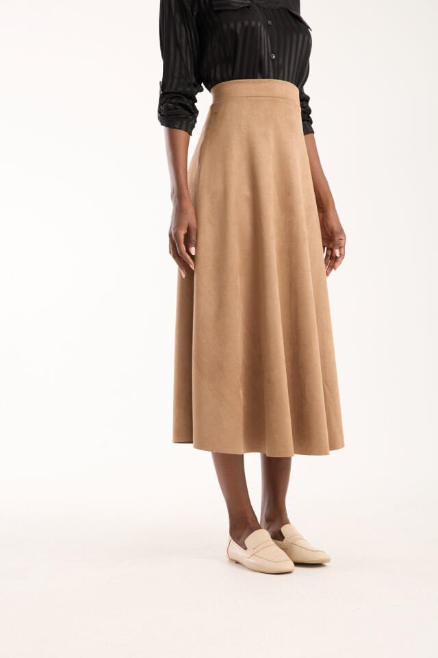 Kadın 90cm Uzun Tam Boy Kloş  Süet Etek 2426 BEJ - S