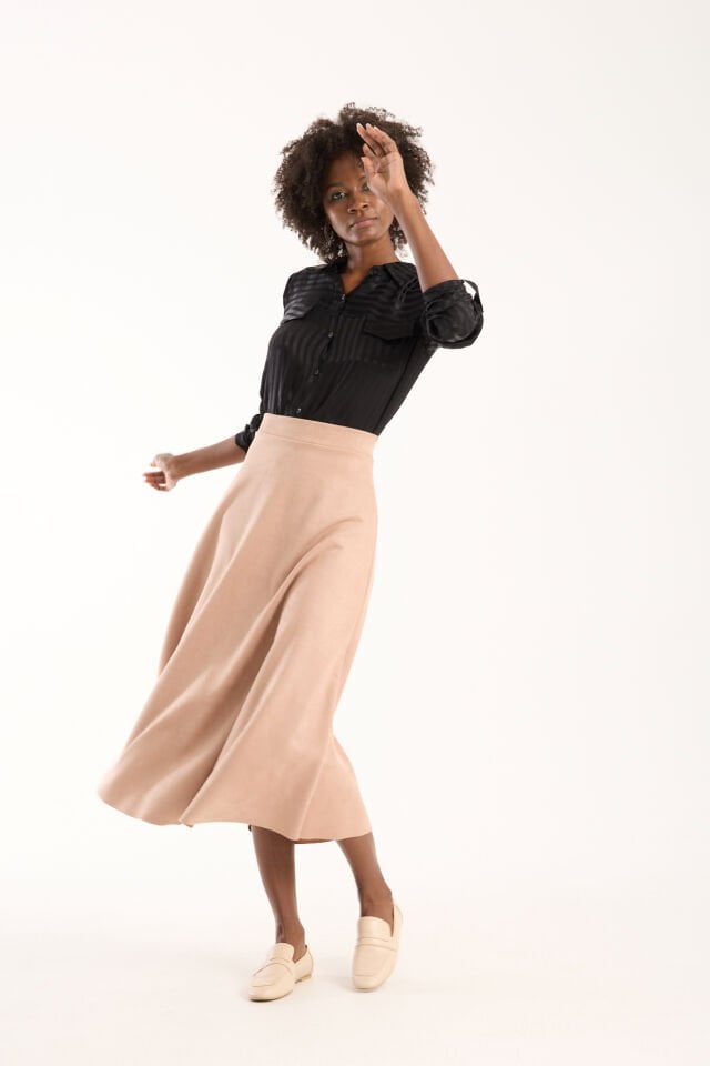 Kadın 90cm Uzun Tam Boy Kloş  Süet Etek 2426 EKRU - S