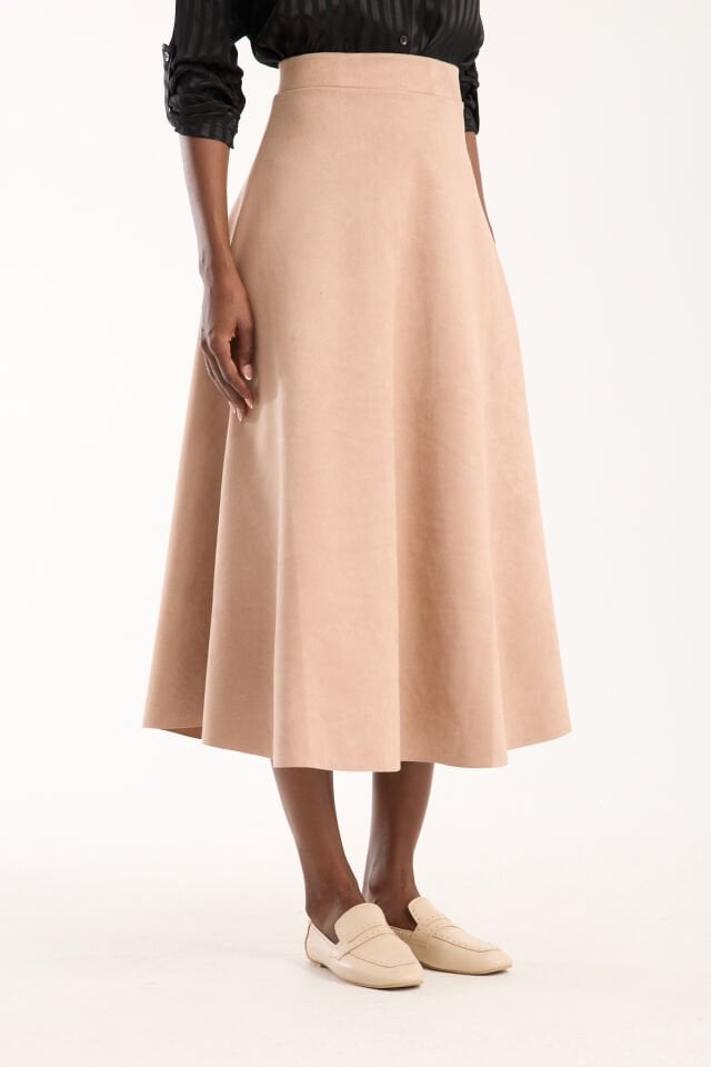 Kadın 90cm Uzun Tam Boy Kloş  Süet Etek 2426 EKRU - S