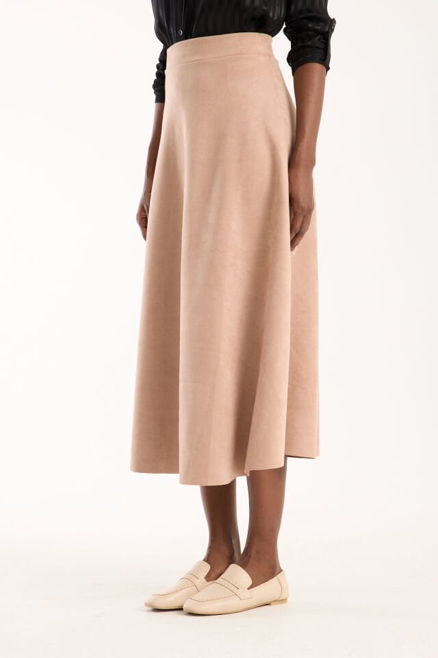 Kadın 90cm Uzun Tam Boy Kloş  Süet Etek 2426 EKRU - S