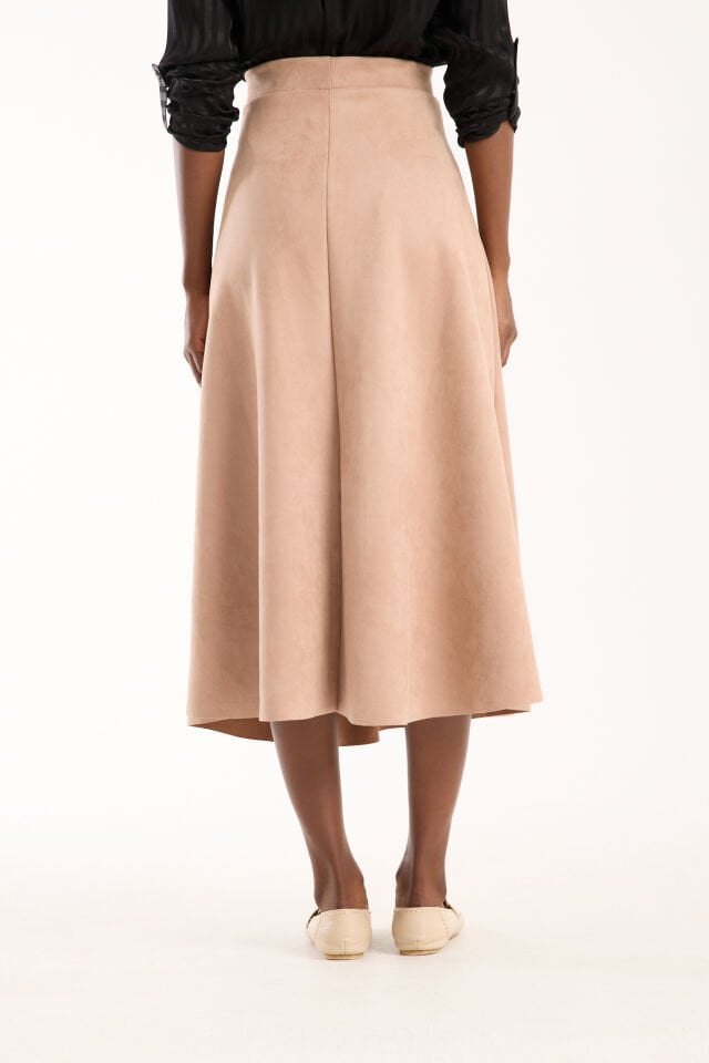 Kadın 90cm Uzun Tam Boy Kloş  Süet Etek 2426 EKRU - S