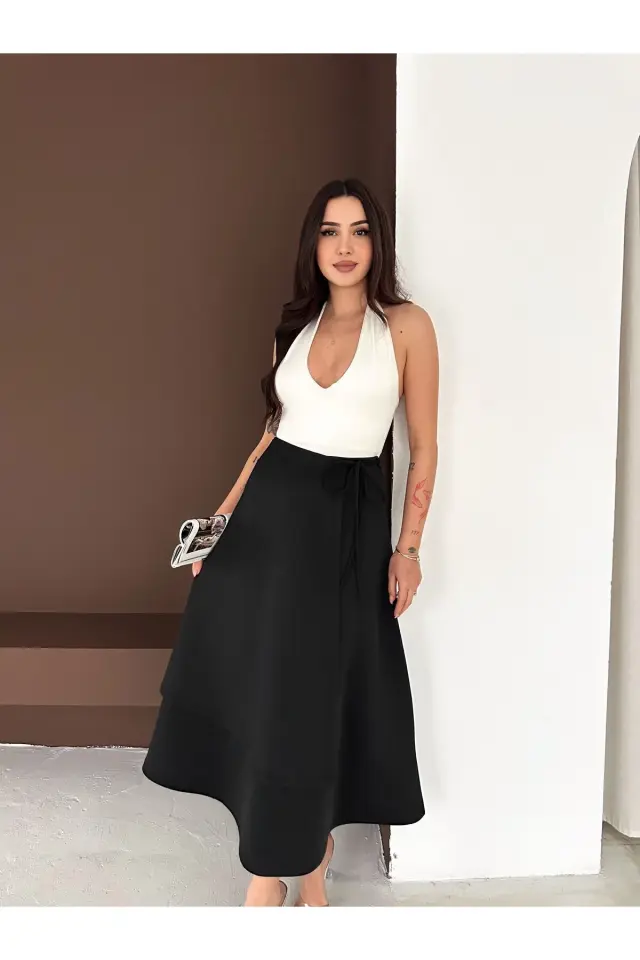 Kadın Beli Bağlamalı Yumuşak Dokulu Uzun Sacuba Etek 2613 XL - SİYAH