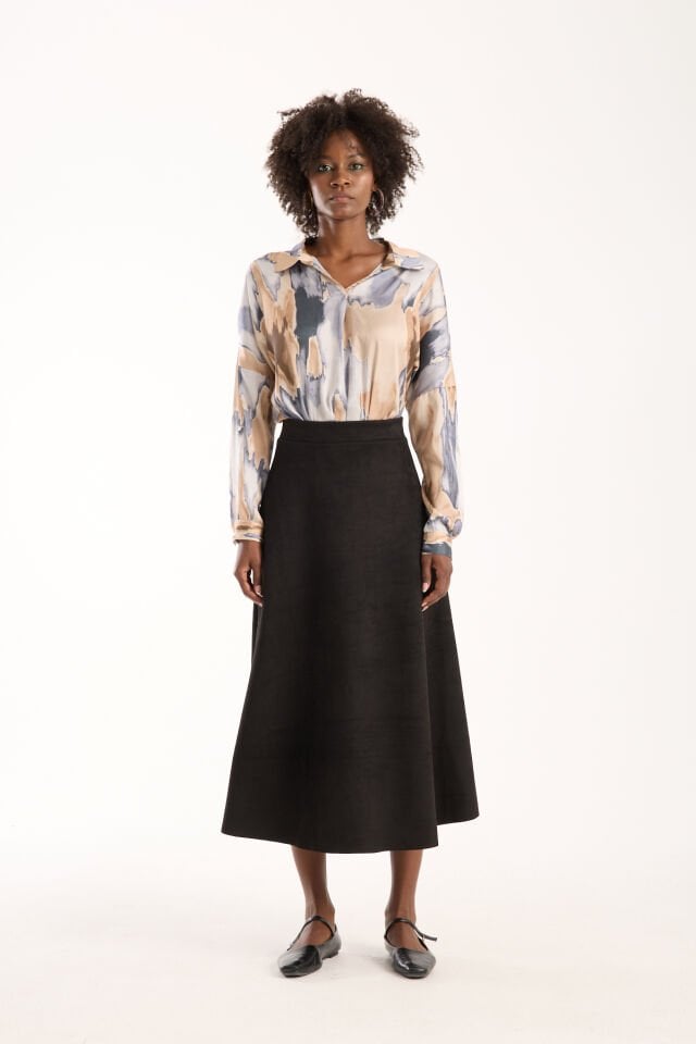 Kadın 90cm Uzun Tam Boy Kloş  Süet Etek 2426 SİYAH - S