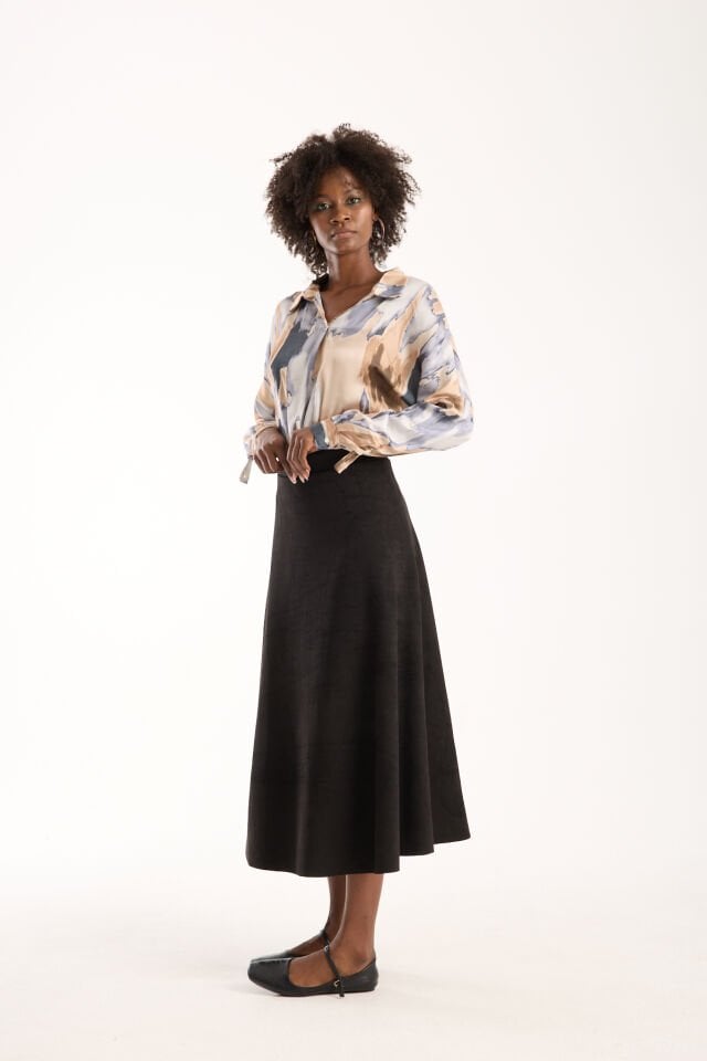 Kadın 90cm Uzun Tam Boy Kloş  Süet Etek 2426 SİYAH - S