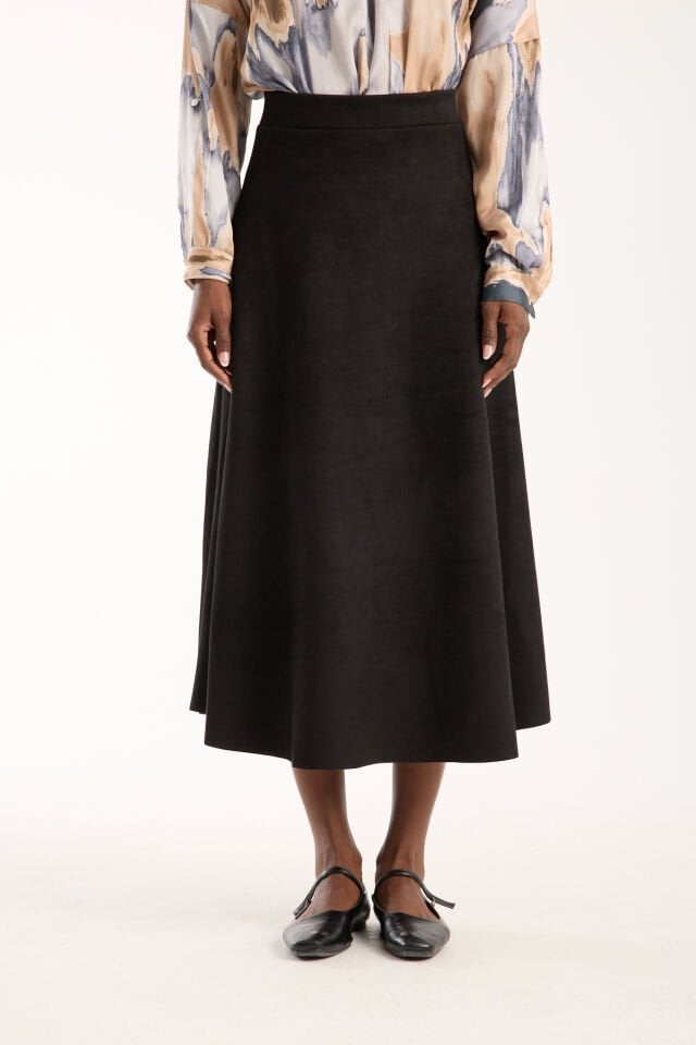 Kadın 90cm Uzun Tam Boy Kloş  Süet Etek 2426 SİYAH - S