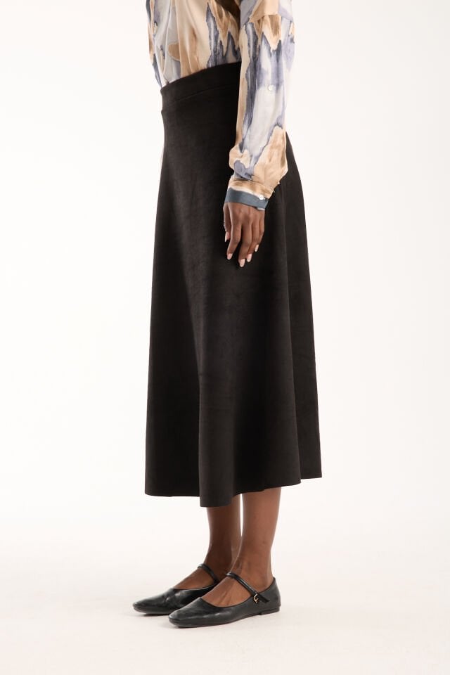 Kadın 90cm Uzun Tam Boy Kloş  Süet Etek 2426 SİYAH - S